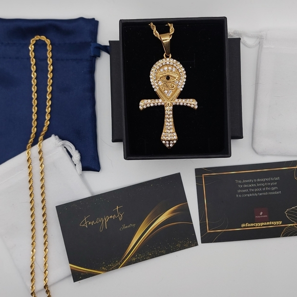 18K Gold Plated Ankh Eye Of Ra Pendant With Rope Chain - Picture 8 of 15